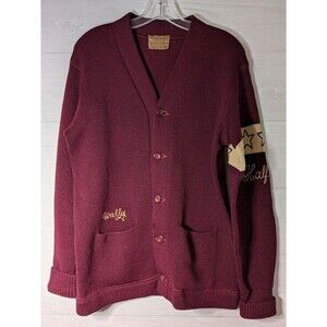 VINTAGE Broadway Knitting Mills Wool Varsity Cardigan Sweater Maroon Wally RARE